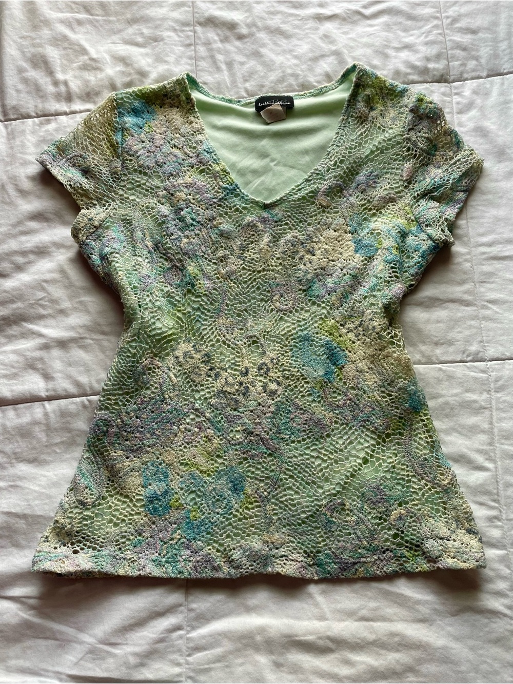Vintage Blue Green Watercolor Floral Lace Knit Top Medium Fairycore Boho Goblin